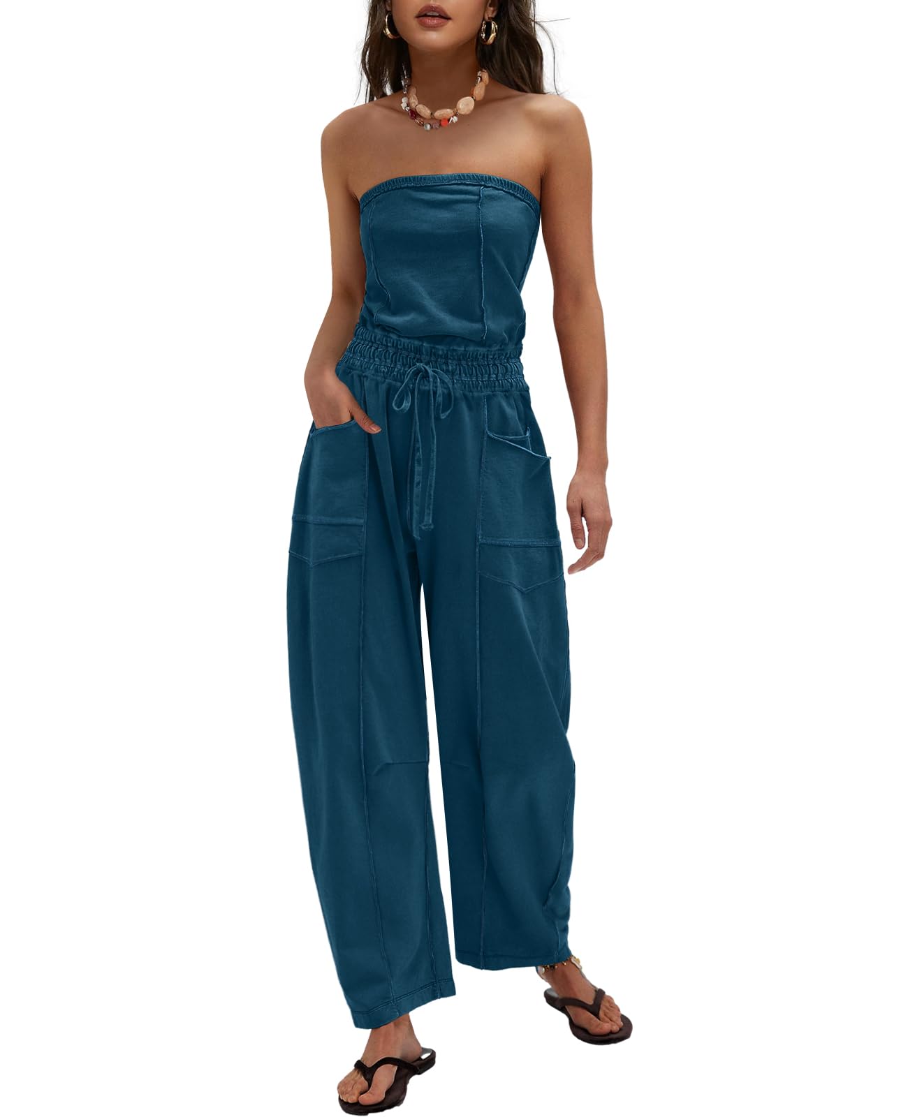 Photo 1 of LAMISSCHE Womens Casual Strapless Jumpsuits off the Shoulder Summer Rompers Sleeveless One Piece Outfits with Pockets(Dark Blue,XL)