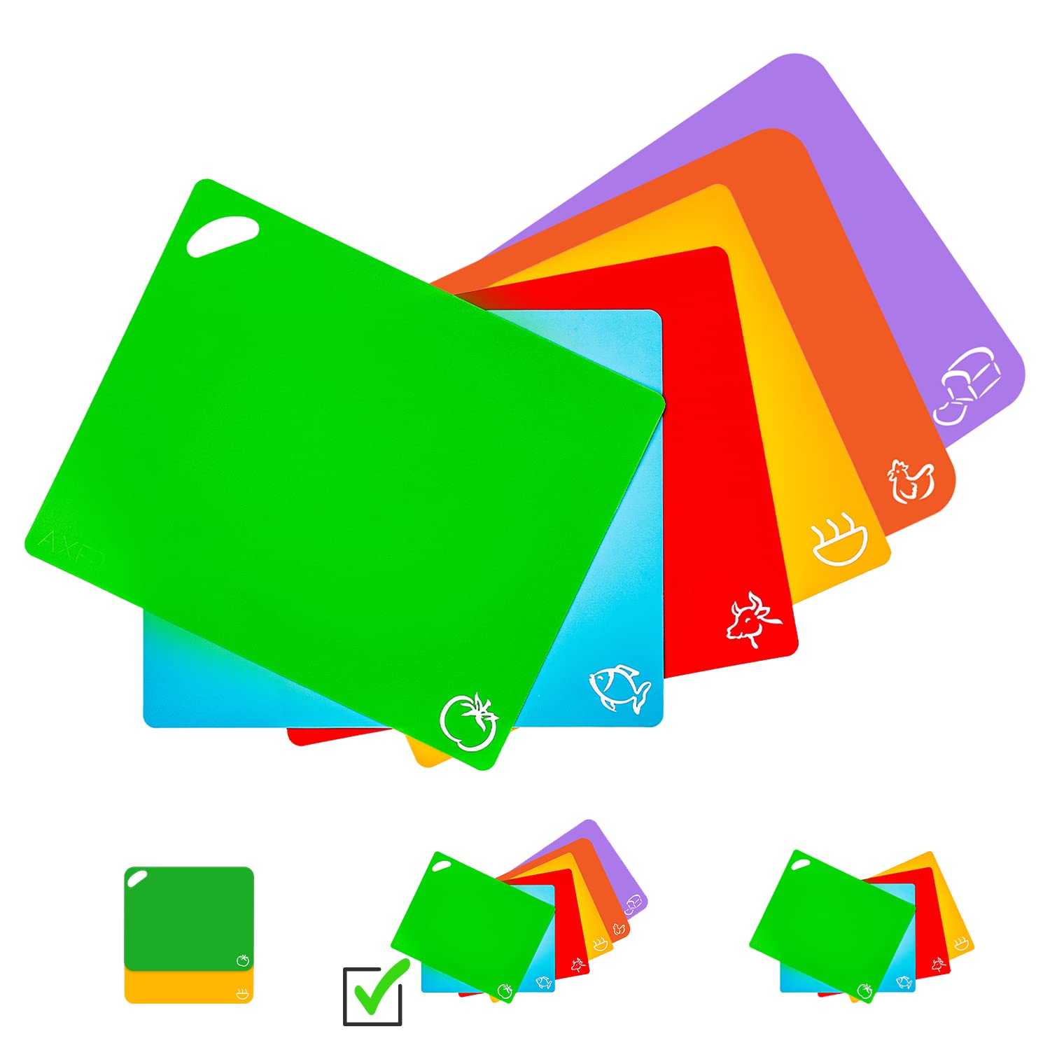 Axer Colour Coded Chopping Boards for Kitchens 6 pcs - Flexible Cutting Board Set Food Icons - Large Plastic Chopping Board Set Colour Coded BPA-Free