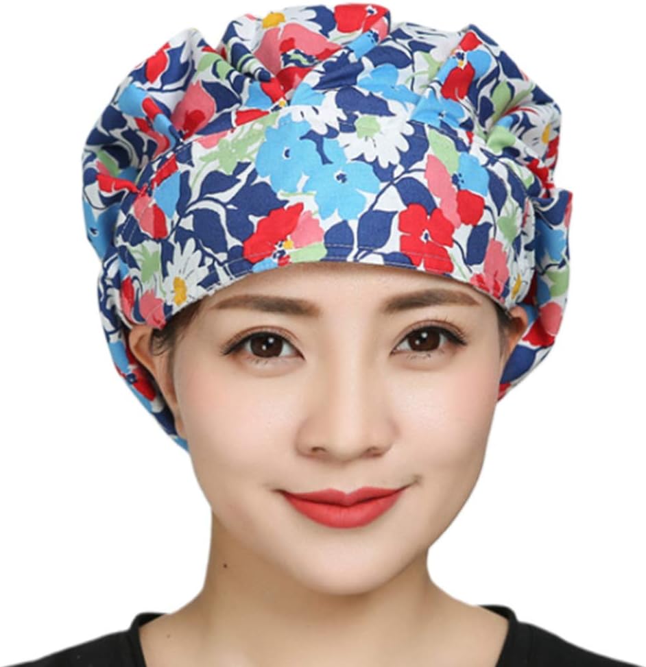 ballboU-Women Men Floral Print Adjustable Surgical Scrub Cap Hospital Medical Doctor Nurses Kitchen Cotton Bouffant Hat with Sweatband