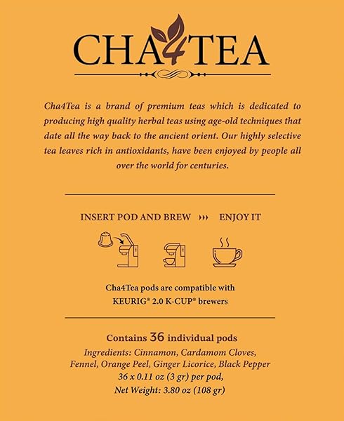 CHA4TEA 36-COUNT HERBAL CHAI TEA PODS COMPATIBLE WITH KEURIG K-CUP BREWERS