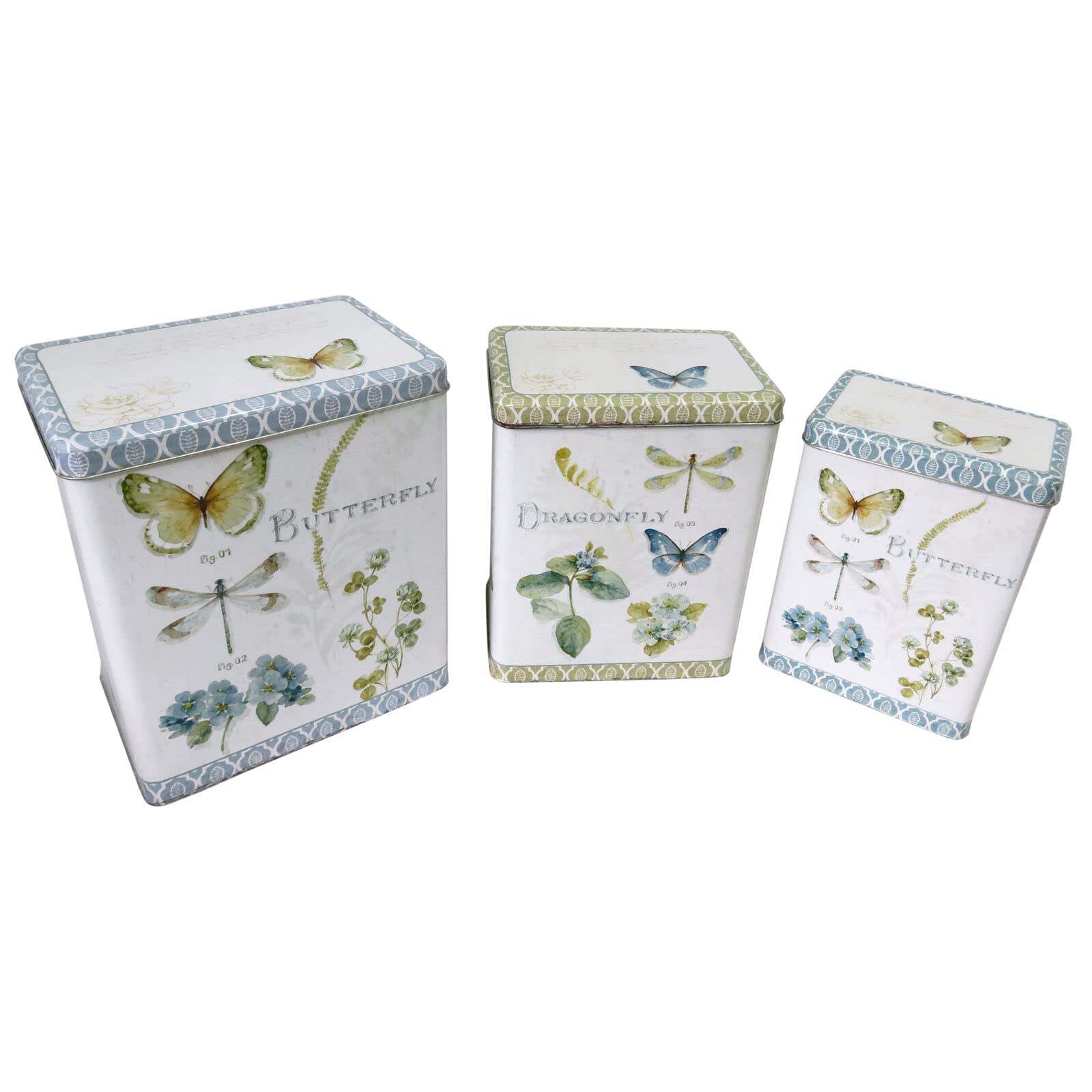 Set of 3 Tin Storage Containers Featuring a Shabby Chic Butterfly Design
