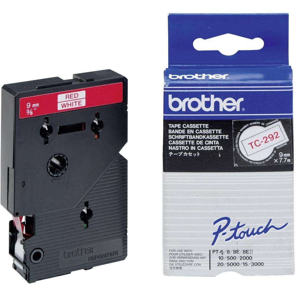 Brother TC-292 Labelling Tape Cassette, Red on White, 12 mm (W) x 7.7M (L), Laminated, Brother Genuine Supplies