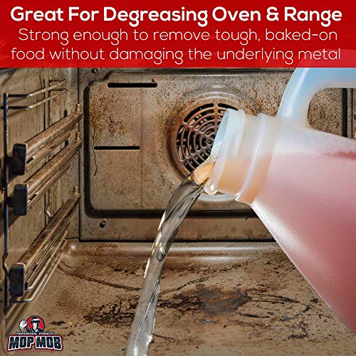 Mop Mob Pro-Grade Grill Cleaner Liquid 1 Gallon. Food-Safe Ultra-Strong Eliminates Baked-On Grease & Carbon. Use Concentrate on Ovens, Cast Iron Cooktops, Stainless Steel Flat Tops & Deep Fryers