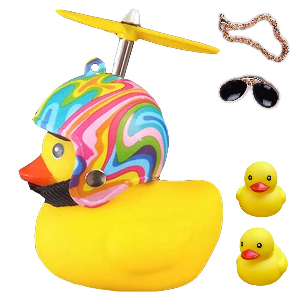 ACEDOAMARE Duck Bike Bell, Cute Rubber Yellow Duck Bicycle Accessories with LED Light Propeller Helmet Squeeze Horns for Cycling Motorcycle Car Handlebar Bicycle (Rainbow)