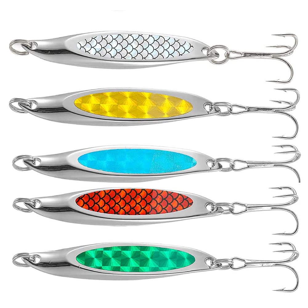 CJBIN Sea Fishing Spinners Set, 5pcs Metal Lures for Sea Fishing, Metal Sequins Spinner Lures for Bass, Mackerel, Trout, Bluefish, Pik Salmon, 7cm 21g, Carrying Capacity—8KG