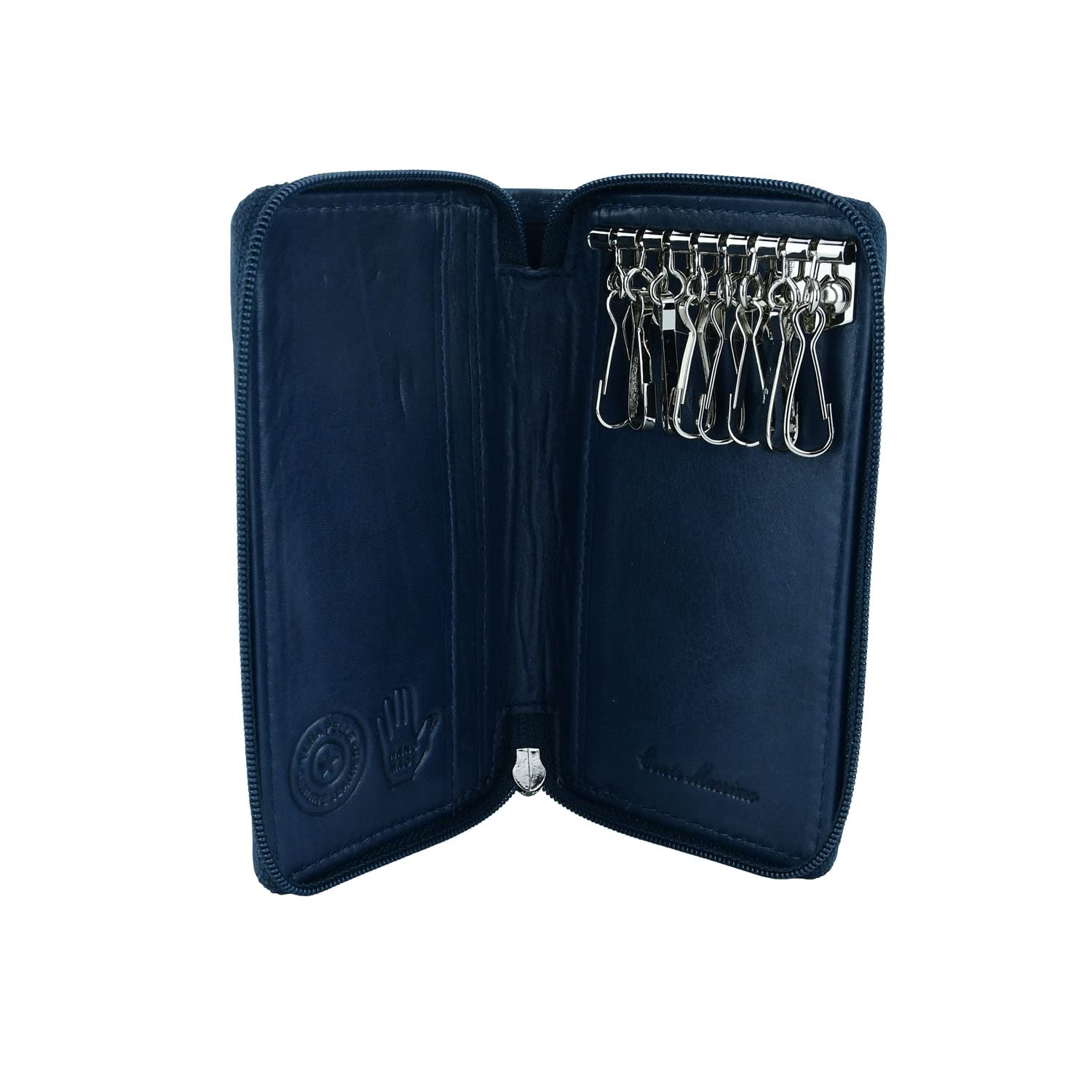 CM Conte Massimo Genuine Leather Key Organiser, Zip Around Key Holder, 8 Hooks, Card Slots - Small Blue