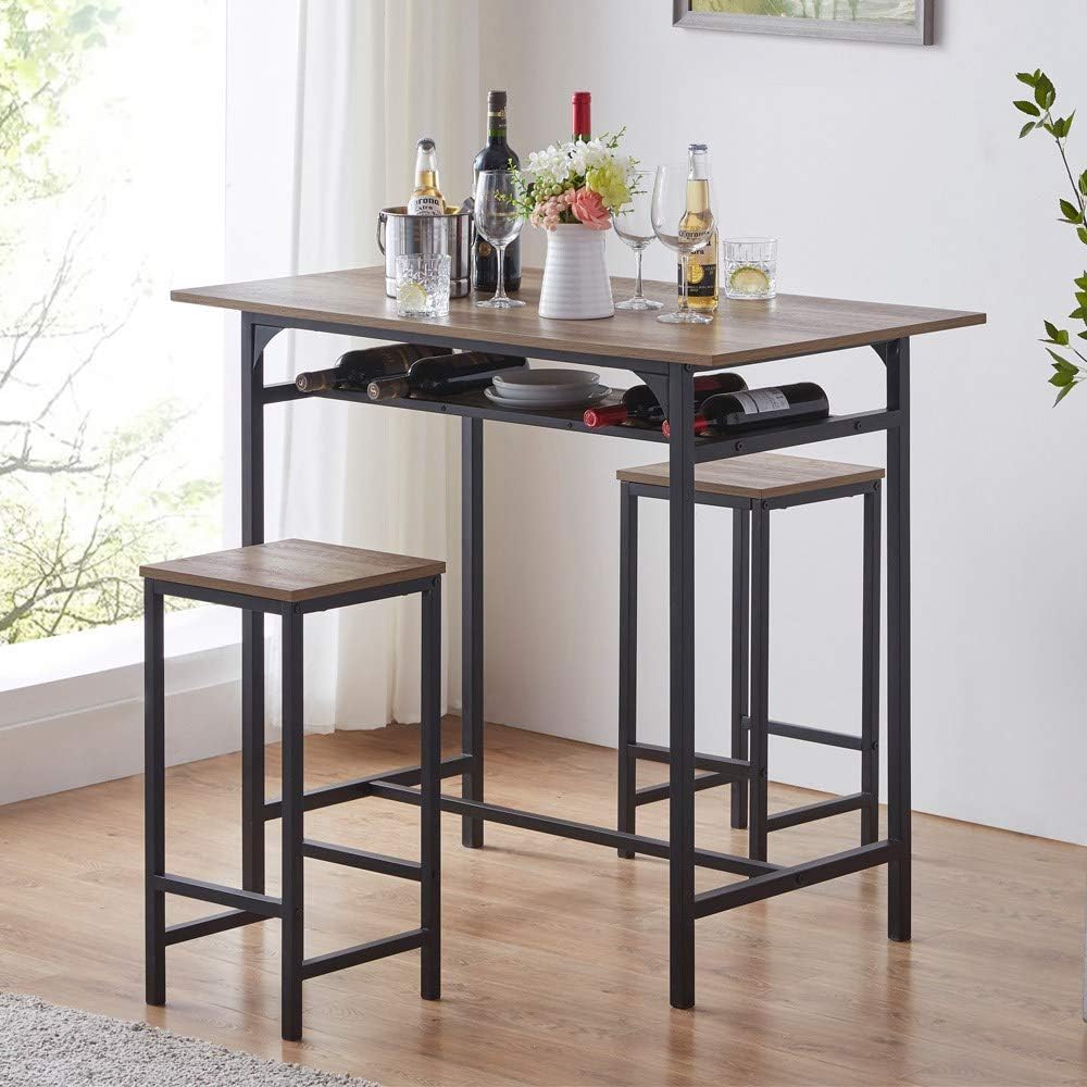 IBF Modern Bar Table Set, Wood and Metal Dining Table Set, Industrial Breakfast Pub Table, Counter Height Table with 2 Chairs Stools for Kitchen Living Room, Rustic Oak, 42 Inch: Furniture & Decor