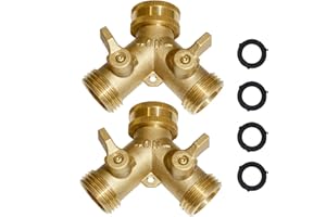 HQMPC 2 Way Hose Y Valve Brass Hose Splitter Garden Hose Y Valve Connectors 2 way shut off valve With Solid Brass Handle Brass Y Valve Water Garden Hose Adapter 3/4"GHT Thread Extra 4 Presure washers