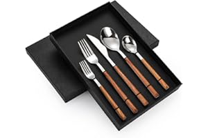Stainless Steel Flatware Set for 5, Cutlery Utensils Set with Simulated Wooden Handle Include Knives Forks Spoons Service for
