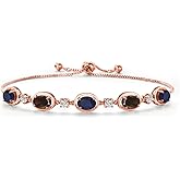 18K Rose Gold Plated Silver Blue Sapphire and Brown Smoky Quartz and Lab Grown Diamond Bracelet For Women | 4.90 Cttw | Gemstone September Birthstone | Oval 7X5MM | Fully Adjustable 9 Inch
