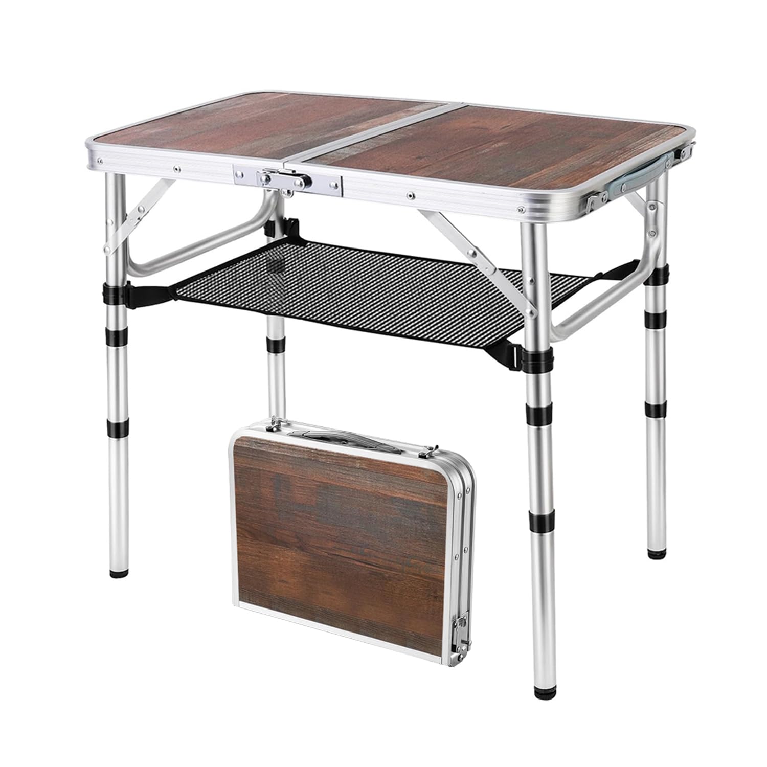Photo 1 of YihuiKo Folding Table, 3 Adjustable Heights, Camping & Outdoor Folding Table with Storage Mesh Layer, Portable for BBQ, Patio, Garden & Indoor (Brown)