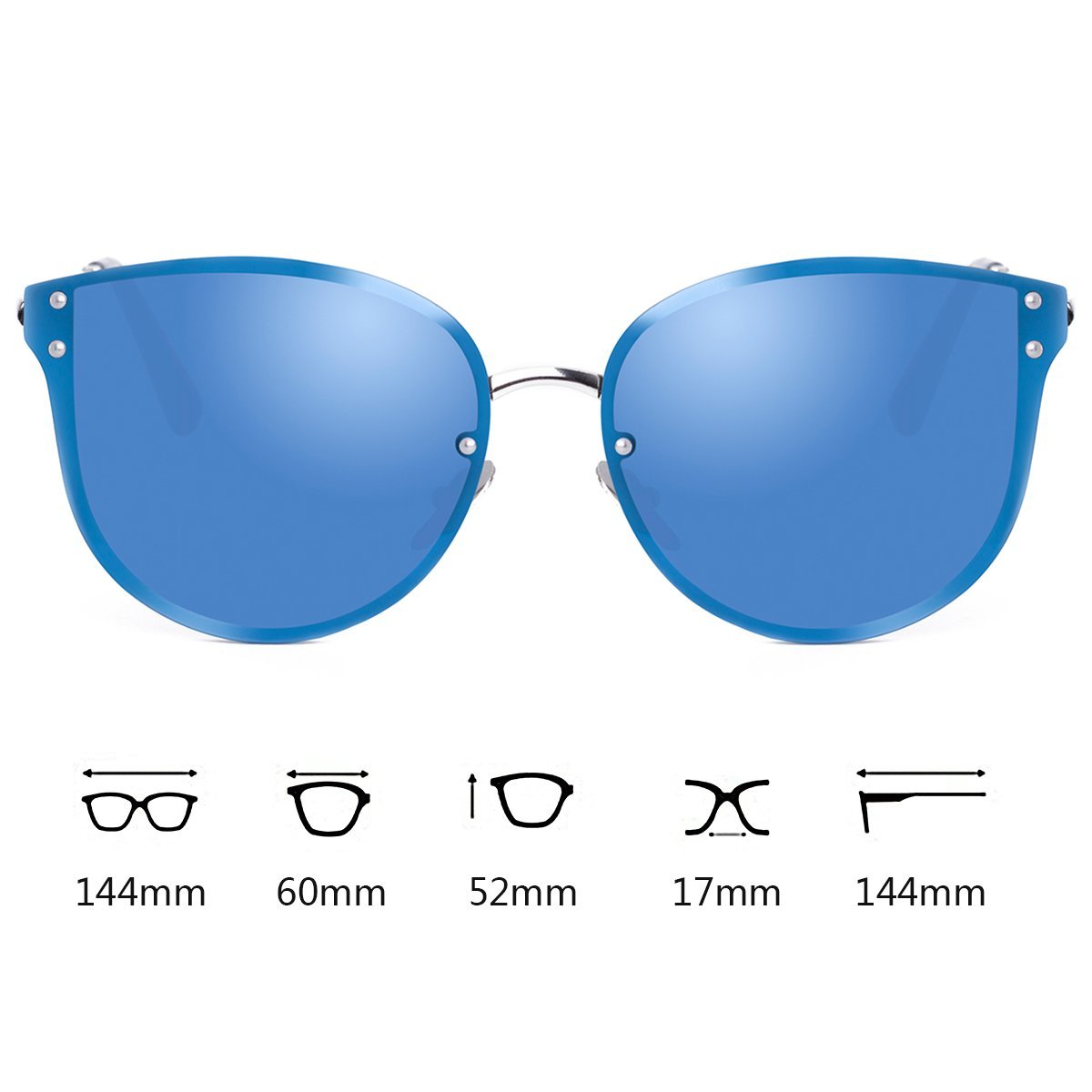 WISH CLUB Women Blue Oversized Cat Eye Sunglasses Designer Rimless Flat Mirrored Lenses Glasses