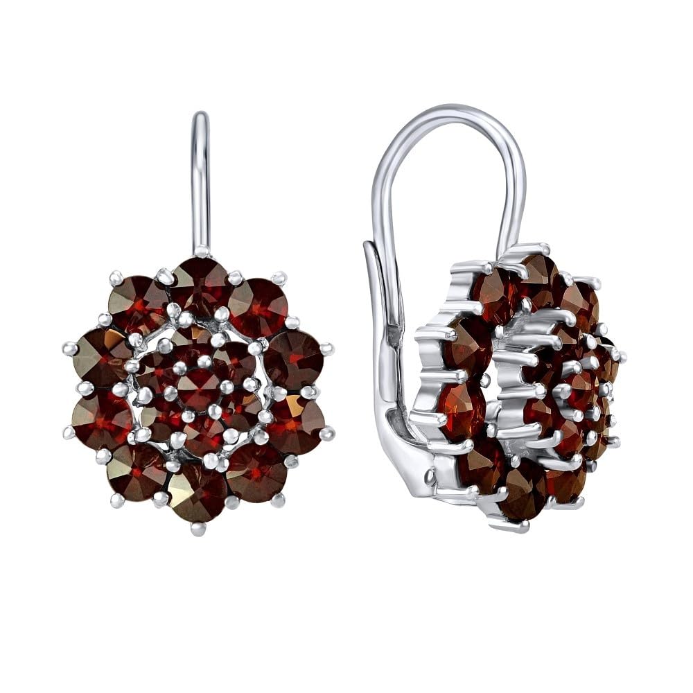 SILVEGO Women 925 Sterling Silver Earrings with Genuine Czech Garnet Flower