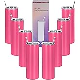 Wzaytia 8 Pack 20 Oz Straight Skinny Tumblers,Individually Gift Boxed Stainless Steel Slim Skinny Tumbler Set Bulk, 20 Oz Insulated Slim Thin Travel Tumbler Cup for Diy,Hot Pink