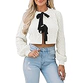 Saodimallsu Womens Cropped Cable Knit Cardigan Sweaters Long Sleeve Bow Tie Front Crew Neck Chunky Sweater Tops