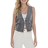 Women's Denim Sleeveless Vest for women, Casual V Neck, Button Front with Pockets for Summer