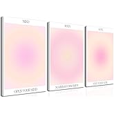 Trendy Aesthetic Canvas Wall Art Aesthetic Set of 3 | Gradient Psychedelic Aura Angel Posters Prints Room Decor | Pink Wall Art Decor for Bedroom, Living Room - Framed 12x16 Inch