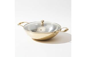 P•TAL Brass Kadhai 3L with Insulated Heat-Resistant Handle and Glass Lid | 100% Pure Brass Tin Coated Kadai for Cooking | Non