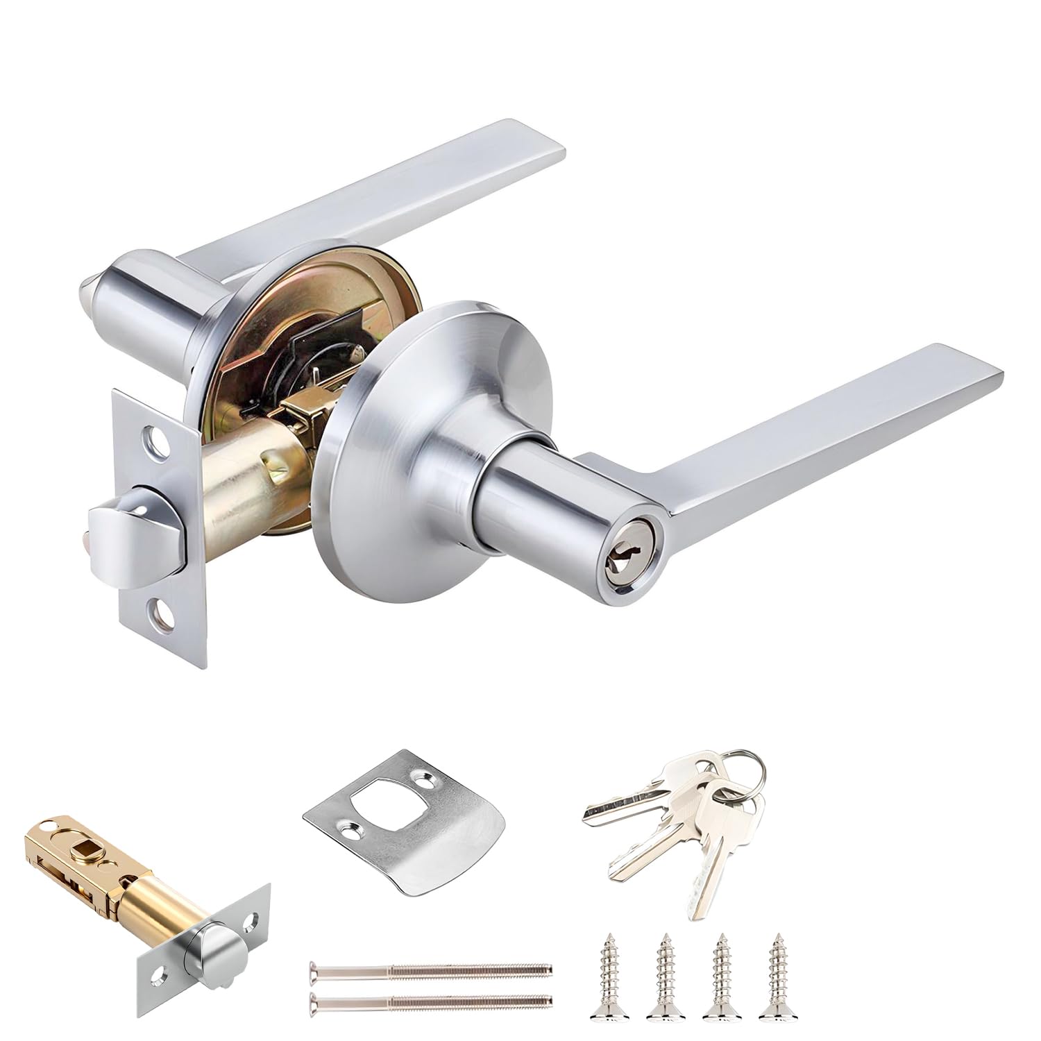 Qrity 1 Pack Door Handle Lever Lock Set, Entrance Door Handles with Key, Lever Door Handle Lock, Latch Size 60/70mm, Safe Lockset for Home & Office, Sliver