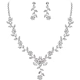 BriLove Women's Wedding Jewelry Leaf Cluster Flower Crystal Dangle Earrings Pendant Necklace Set for Bridal