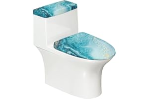 HUISEFOR Toilet Lid and Tank Cover Set Teal Marble Design Universal Toilet Seat Lid Cover Machine Washable Repalcement Toilet Lid Cover with Elastic Edges Bathroom Accessories