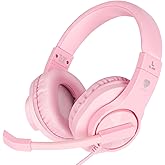DIWUER Gaming Headset for Xbox One, PS4, PS5, Nintendo Switch, Bass Surround and Noise Cancelling 3.5mm Over Ear Headphones with Mic for Laptop PC Smartphones, Pink