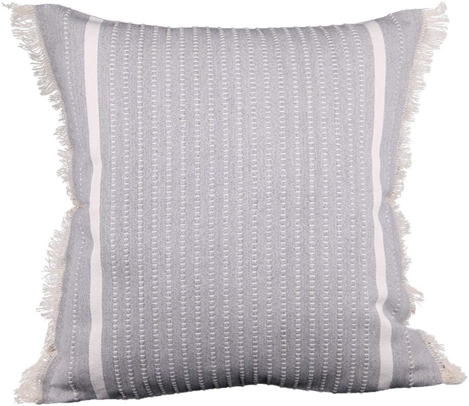 cygnus Farmhouse Decorative Woven Throw Pillow Covers Modern Accent Linear Striped Boho Decor Cute Tassel Cushion Cover for Couch Sofa Bedroom Living Room 18x18 Inch,Gray