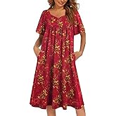 Ekouaer Women's House Dress - Pleated Nightgown with Short Sleeves & Pockets