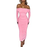 PRETTYGARDEN Women's Fall Off The Shoulder Maxi Dress Spring Long Sleeve Ruched Fitted Bodycon Club Dresses with Slit