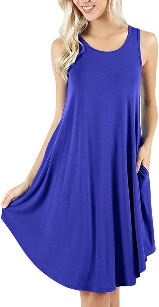 Women's Sleeveless Dress, Solid Color Round Neck Pockets Casual Swing T-Shirt Flowy Dresses