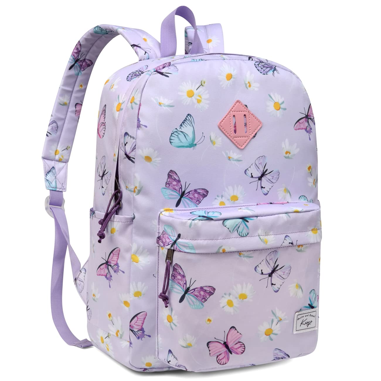 Kasgo School Backpack, Water-Repellent, Large Capacity, Lightweight Backpack for Teenagers, Boys and Girls, College Backpack for Travel, Hiking, Casual Daypack, Light Purple Butterfly, Daypack