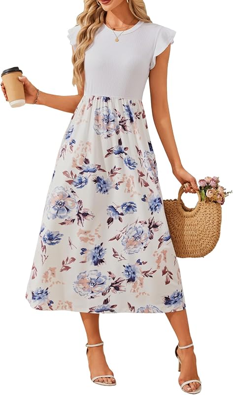 Robe Longue Femme Robe Été Elegant Haut Taille Col Rond Manches Courtes Robes Casual Plage Vacances Mariage Invitée Soiree avec Poches (Bleu Clair Floral, M)