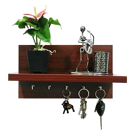 A10Shop Omega 6 Wooden Key Holder With Wall Decor Shelf - Mahogany