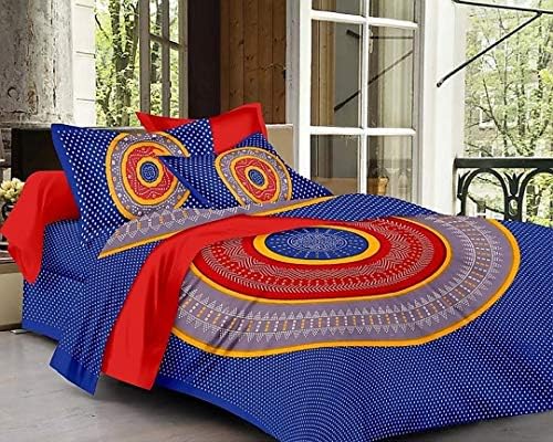Monik HandicraftsMonik Handicrafts Cotton Jaipuri King Size Double Bedsheet with 2 Pillow Cover (Blue)