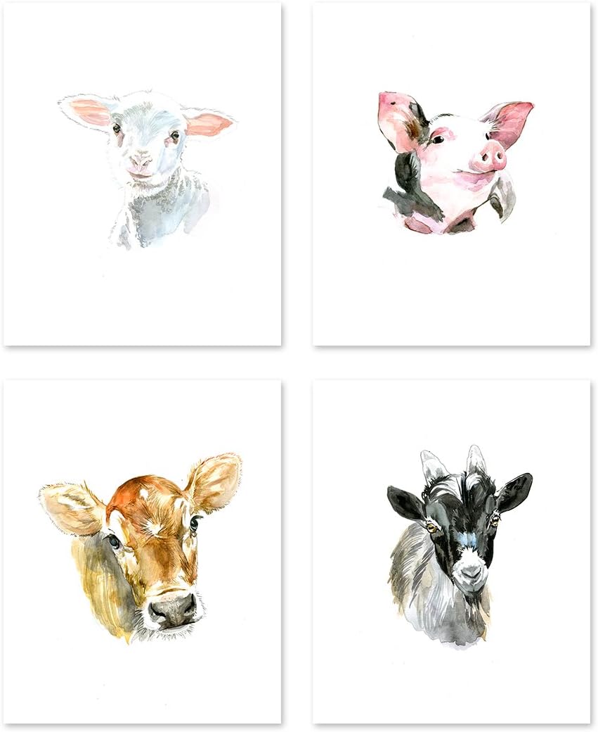 AtoZStudio A22 Farm Animal Prints - Set of 4. Nursery Wall Art Decor Posters - Baby Animals Pig Cow Goat Sheep - Colorful Watercolor Painting (8x10)