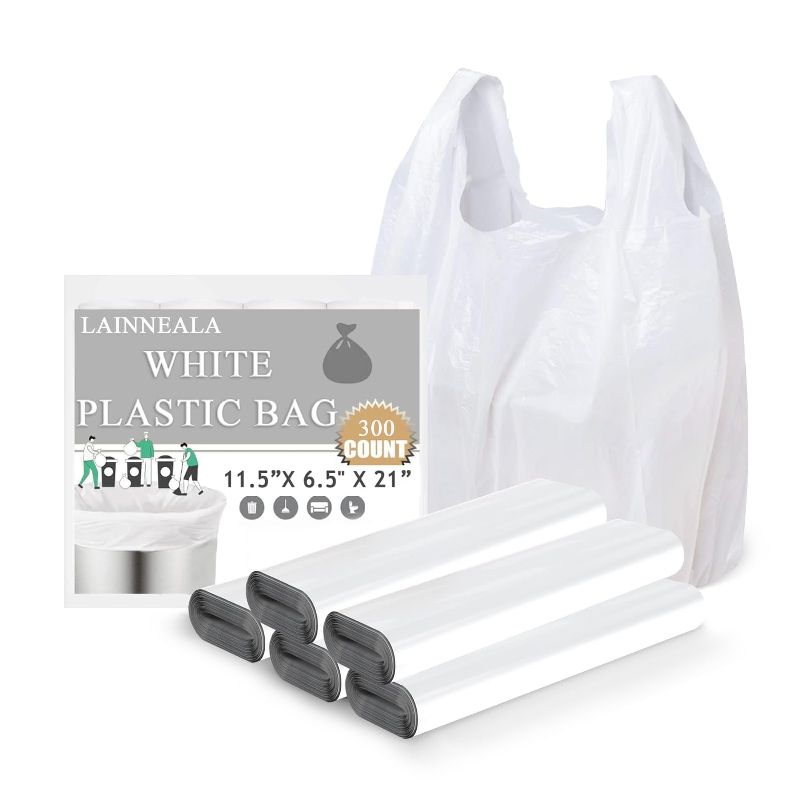 Photo 1 of LainNeala Plastic Bags, 300 Count T Shirt Bags, Plastic Bags With Handles For Shopping, Plastic Grocery Bags, Plastic Bags For Small Business (11"x 6"x 21"), Recyclable White Plastic Bag