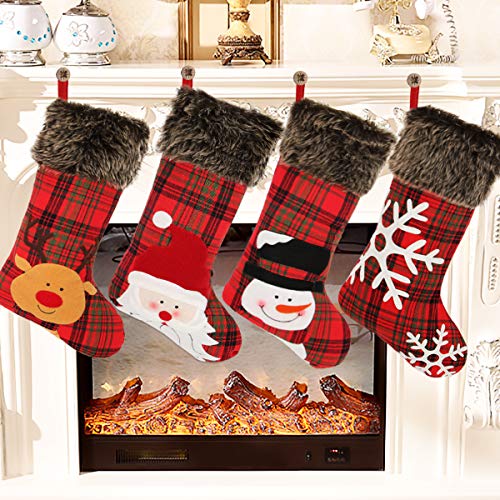 Aitbay Christmas Stockings, 4 Pack 18" Big Xmas Stockings, Burlap Plaid Style with Snowflake Santa Snowman Reindeer and Plush Faux Fur Cuff Family Pack Stockings for Xmas Holiday Party Decor