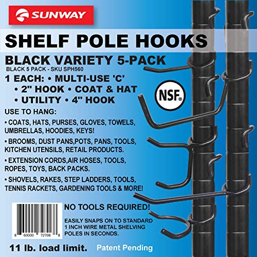 Sunway Shelf Pole Hooks 5-Pack | Black Variety Pack | Best Solution for Garage Shelving Storage Organization | Use with Metal or Wire Shelves and Racks | Heavy Duty, Easy Installation