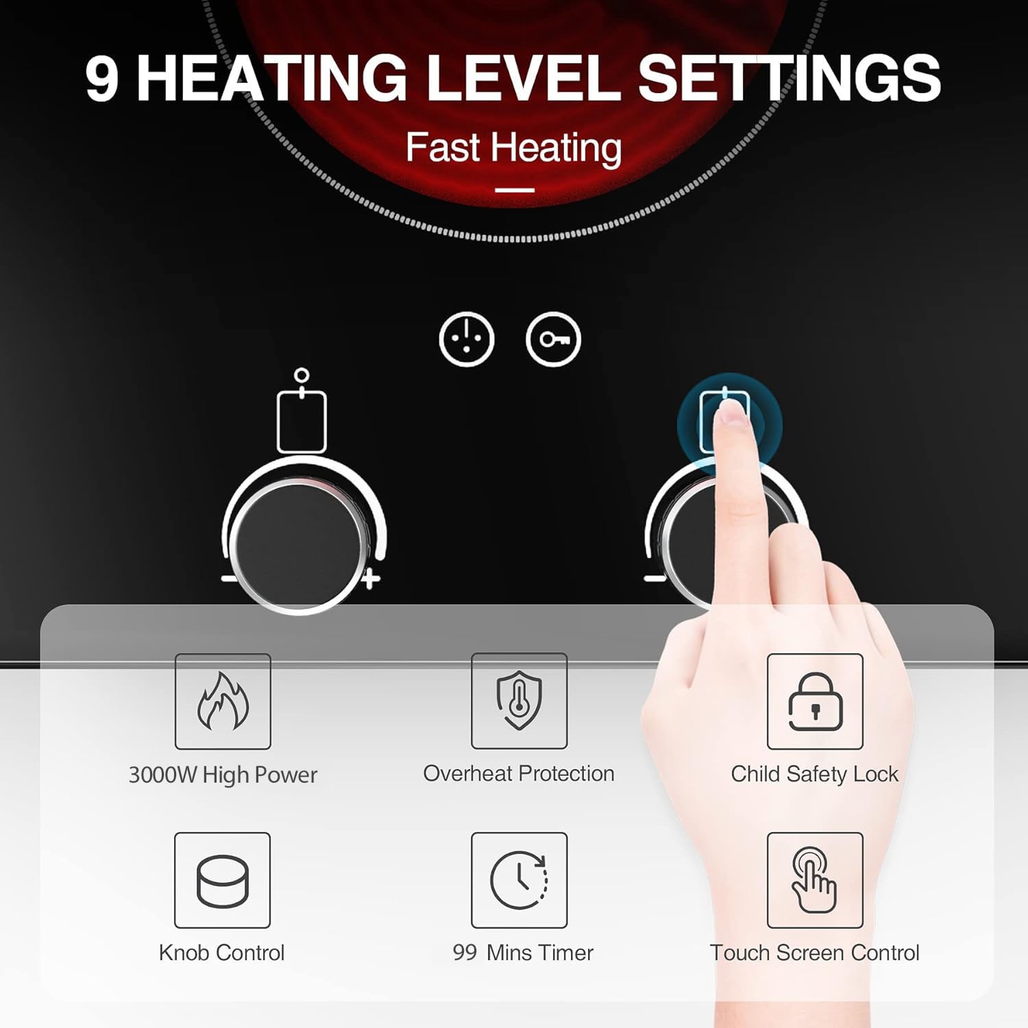 VBGK Electric Cooktop,110V 2100W Electric Stove Top with Knob Control,9 Power Levels, Kids Lock & Timer,LED touch control,Overheat Protection Electric stove,24 Inch desktop 2 burner