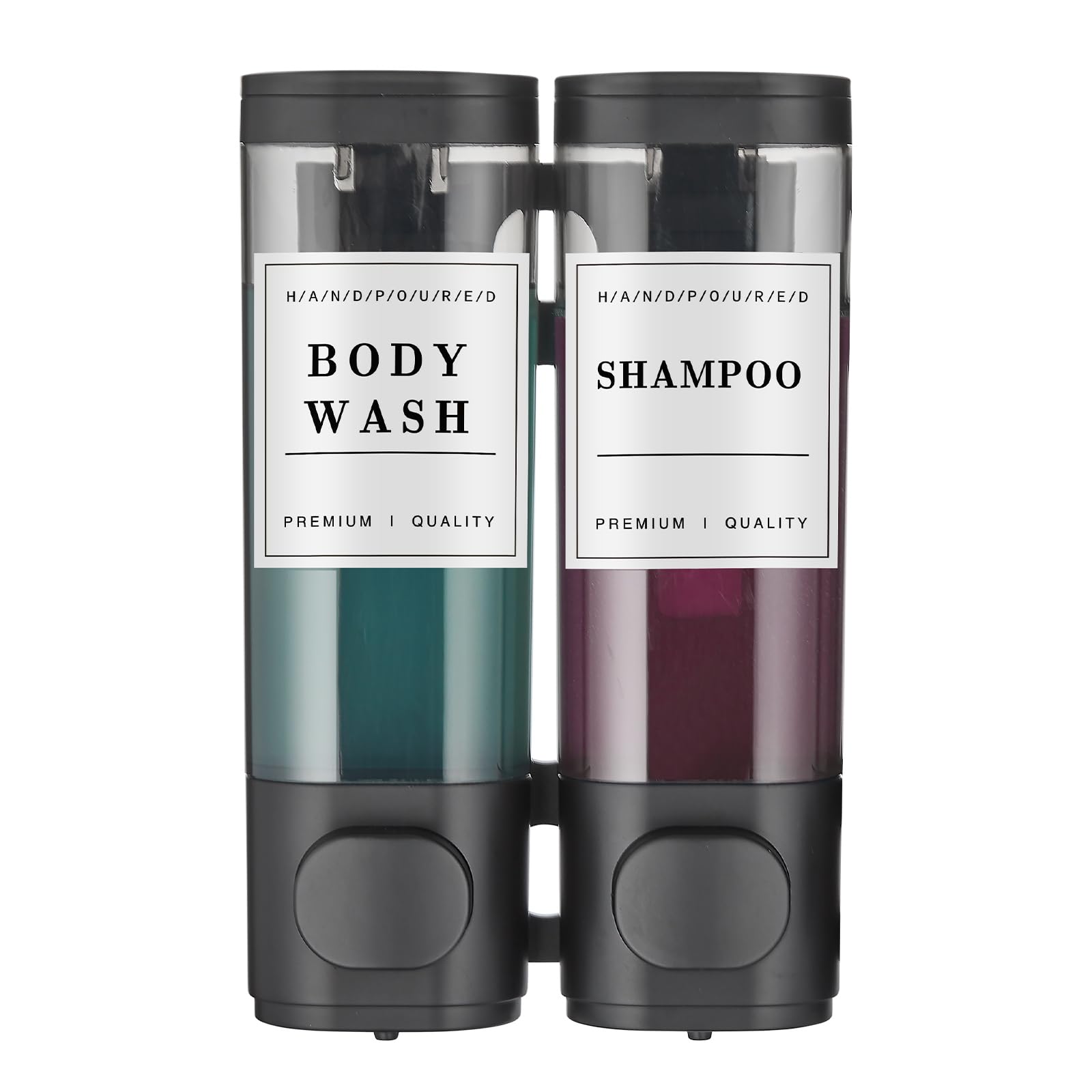 Shampoo and Conditioner Dispenser Shower Dispenser Body Wash Wall Mounted Shampoo Dispenser for Shower Wall No Drill for Bathroom Hotel 2 Chamber x 300ml Black with Waterproof Labels