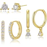 3 Pairs Silver Hoop Earrings Set: 925 Sterling Silver Dainty Stud Earrings Trendy Small 14K Gold Plated Hypoallergenic Dangle Cartilage Huggie Hoop Earrings for Women Silver Jewelry for Women Gifts