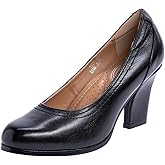 Mona flying Women's Leather Closed Round Toe 3 inch Chunky High Heel Pumps Formal Court Shoes Office Work Dress Shoes for Ladies