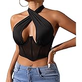 Sexy Cross Strappy Tank Tops for Women Adjustable Halter Neck Crop Top Hollow Out Mesh Splicing Lingerie for Festival Club
