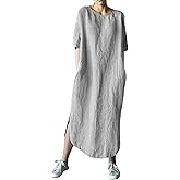 AUDATE Women's Maxi Dress Solid Plus Size Loose Cotton Linen Long Dresses with Pockets