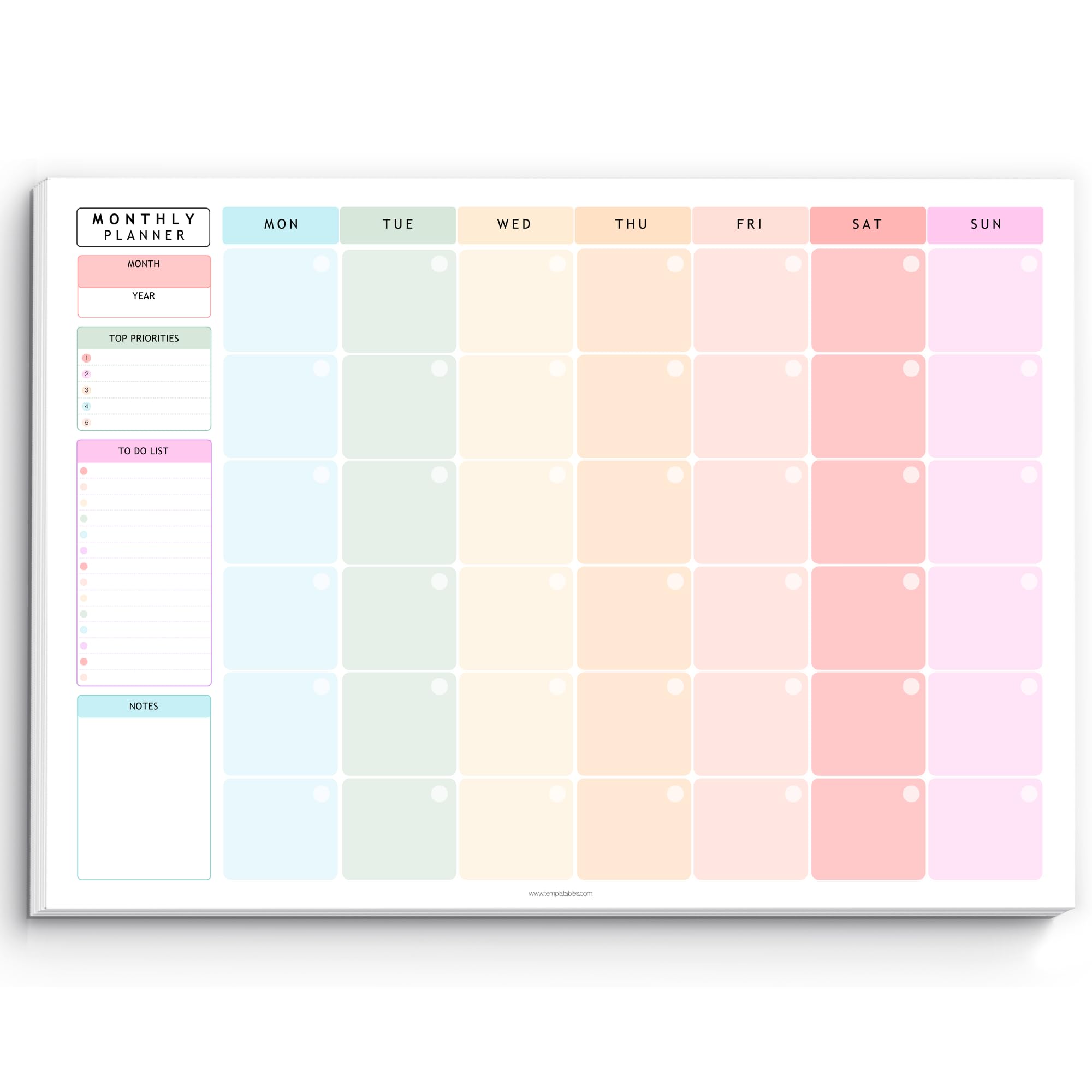Templatables Monthly To Do List Notepad | Monthly Planner Desk Pad, Brain Dump, Organizer and Priority List | 50 Undated Tear Away Sheets | A4 Rainbow