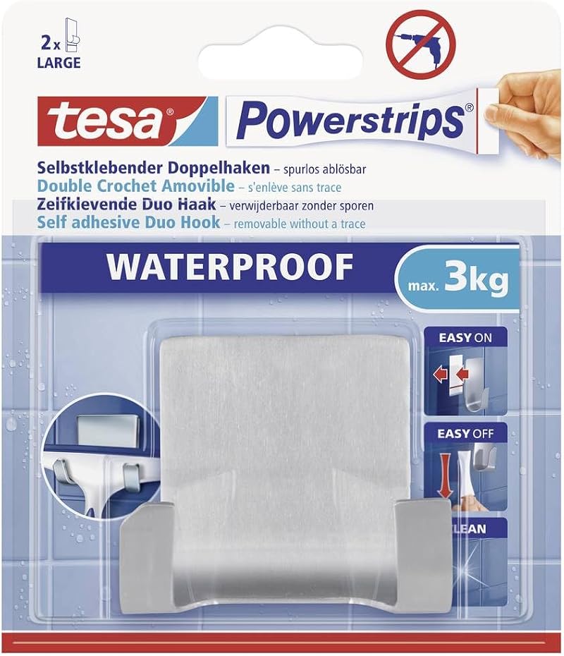 tesa Powerstrips Waterproof Duo Hook Metal Stainless Steel Hold up to 3kg No