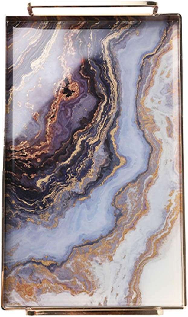 wuchenmin Decorative Tray，Gold Pastel Printed Agate Glass Plate With Polished Metal Handles,For Counter, Dresser, Nightstand, Or Desk，Purple