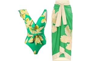 NAPOO Women One Piece Swimsuit with Beach Cover Up Wrap Skirt Set Floral Print Bikini Tummy Control Two Piece Bathing Suit
