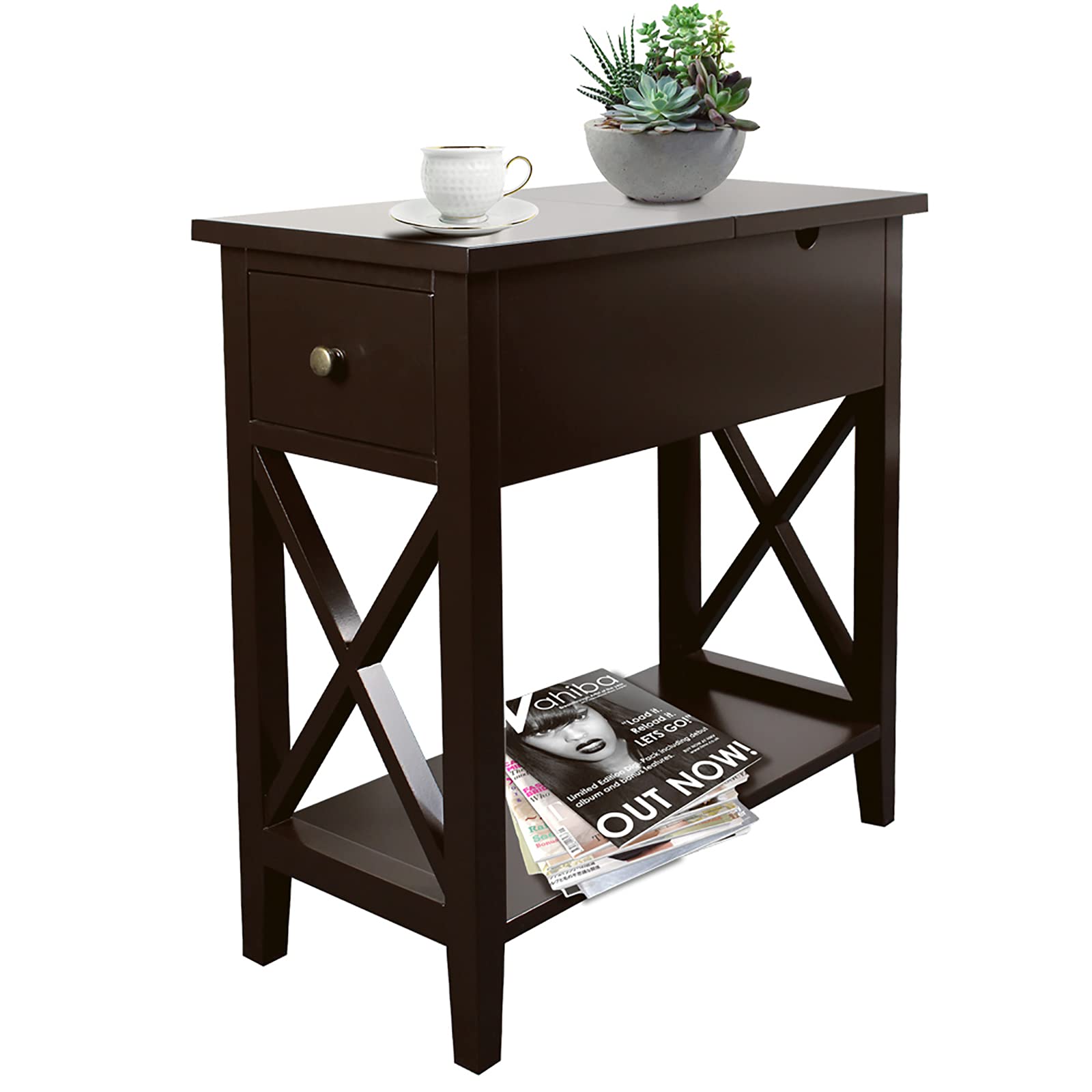 Photo 1 of ChooChoo End Table, MDF Material Flip Top Narrow End Table with Drawer, Accent Small Side Table Nightstand for Living Room, Bedroom, and Small Spaces - Espresso