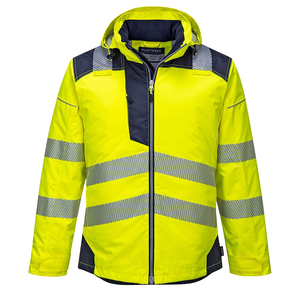 Portwest T400 Men's PW3 Lightweight Hi Vis Hooded Work Jacket Reflective Full Zip Safety Utility Quilt Lined Waterproof Workwear Yellow/Navy, Small